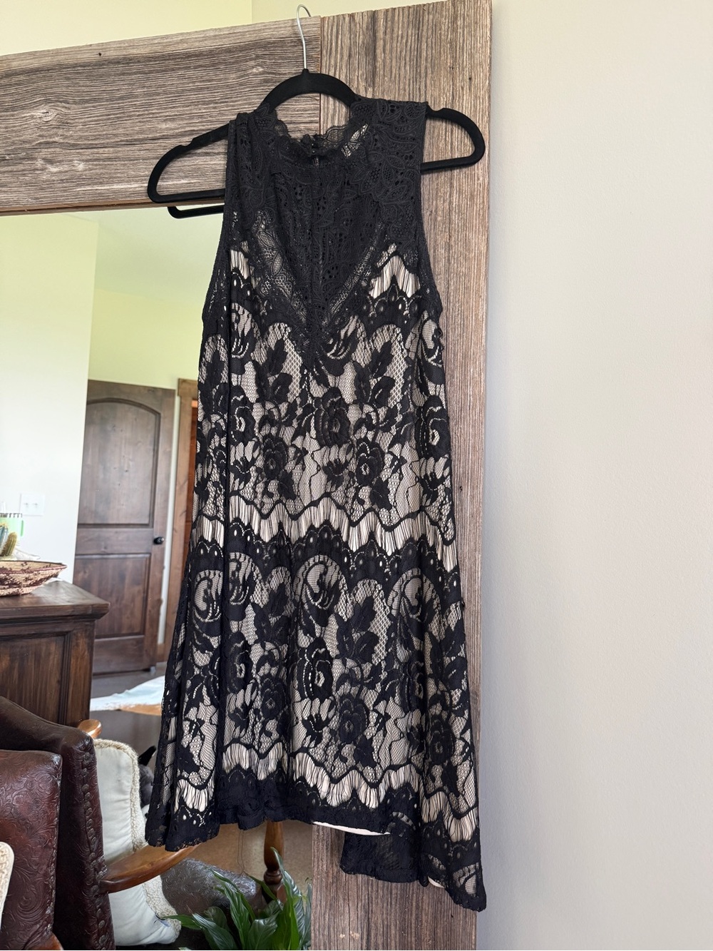 Black Lace A-Line Mini Dress with Nude Lining Small